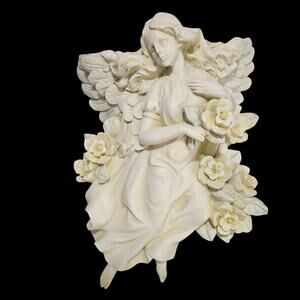 Sammy WMG 2005 Angel Wall Plaque w/ Flowers Cream White Resin Hanging Sculpture